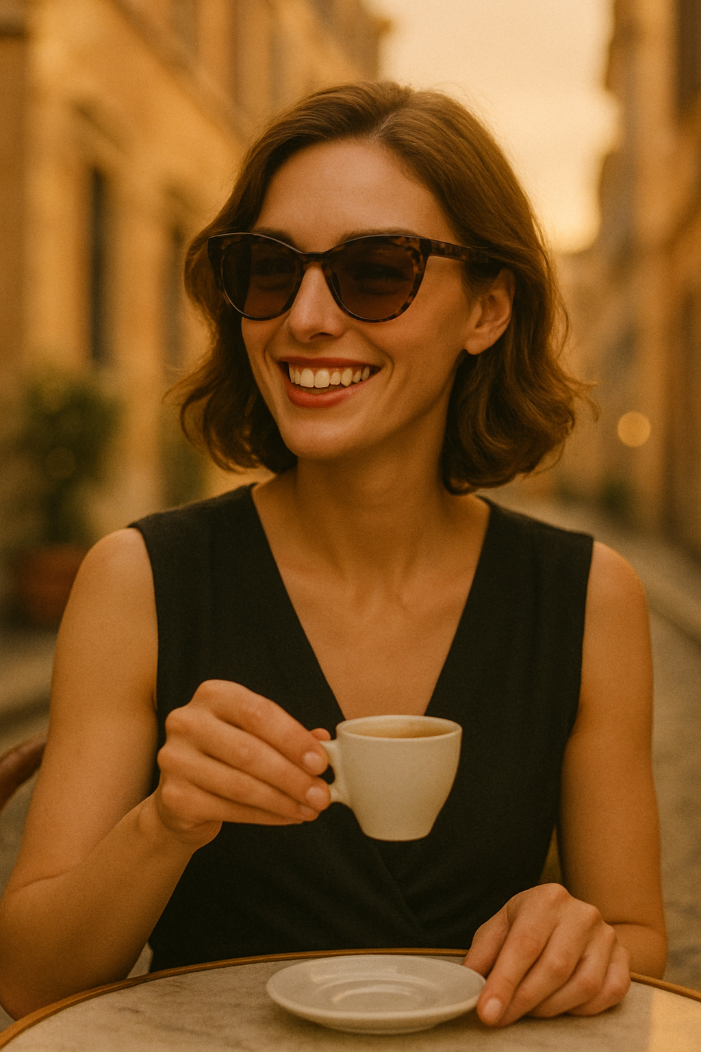 Mulher sorridente segurando uma xícara de café em um ambiente urbano ao entardecer, usando óculos de sol e vestindo uma blusa preta. O cenário apresenta edifícios clássicos e iluminação suave, ideal para retratar momentos de lazer e elegância.